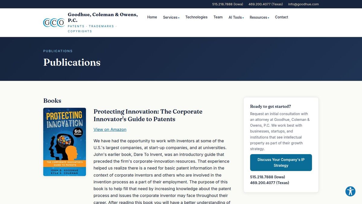 Publications page featuring books by firm attorneys including Protecting Innovation