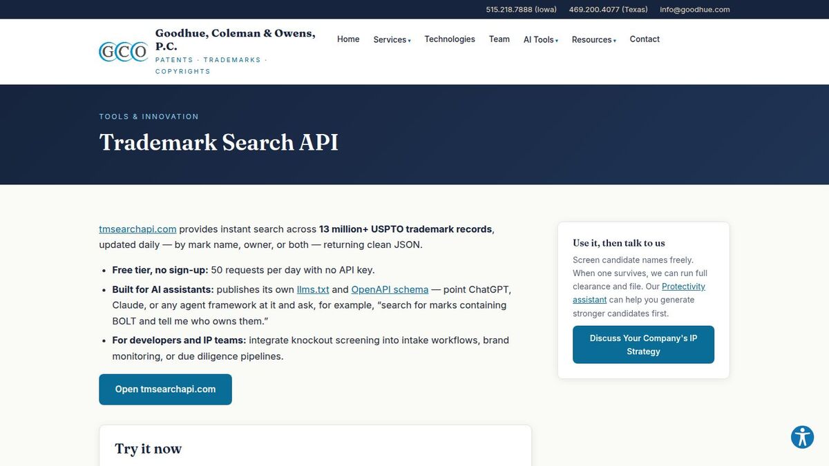 Trademark Search API page with a live demo searching 13 million+ USPTO trademark records